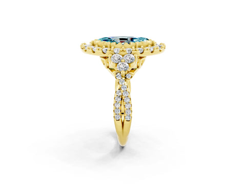 Yellow gold Marquise Cut Blue Topaz Halo Ring with Pavé Band and Four-Prong Setting_14