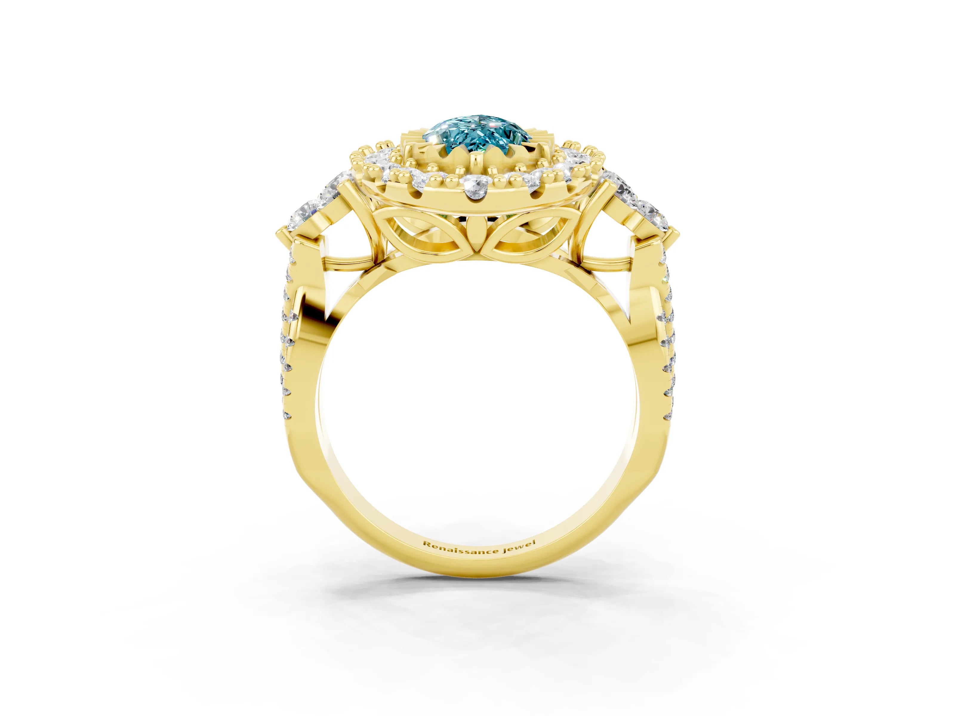 Yellow gold Marquise Cut Blue Topaz Halo Ring with Pavé Band and Four-Prong Setting_15