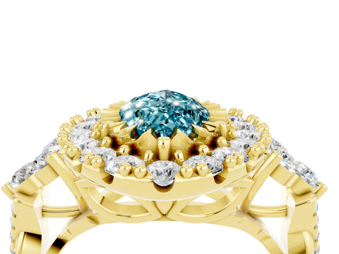 Yellow gold Marquise Cut Blue Topaz Halo Ring with Pavé Band and Four-Prong Setting_16