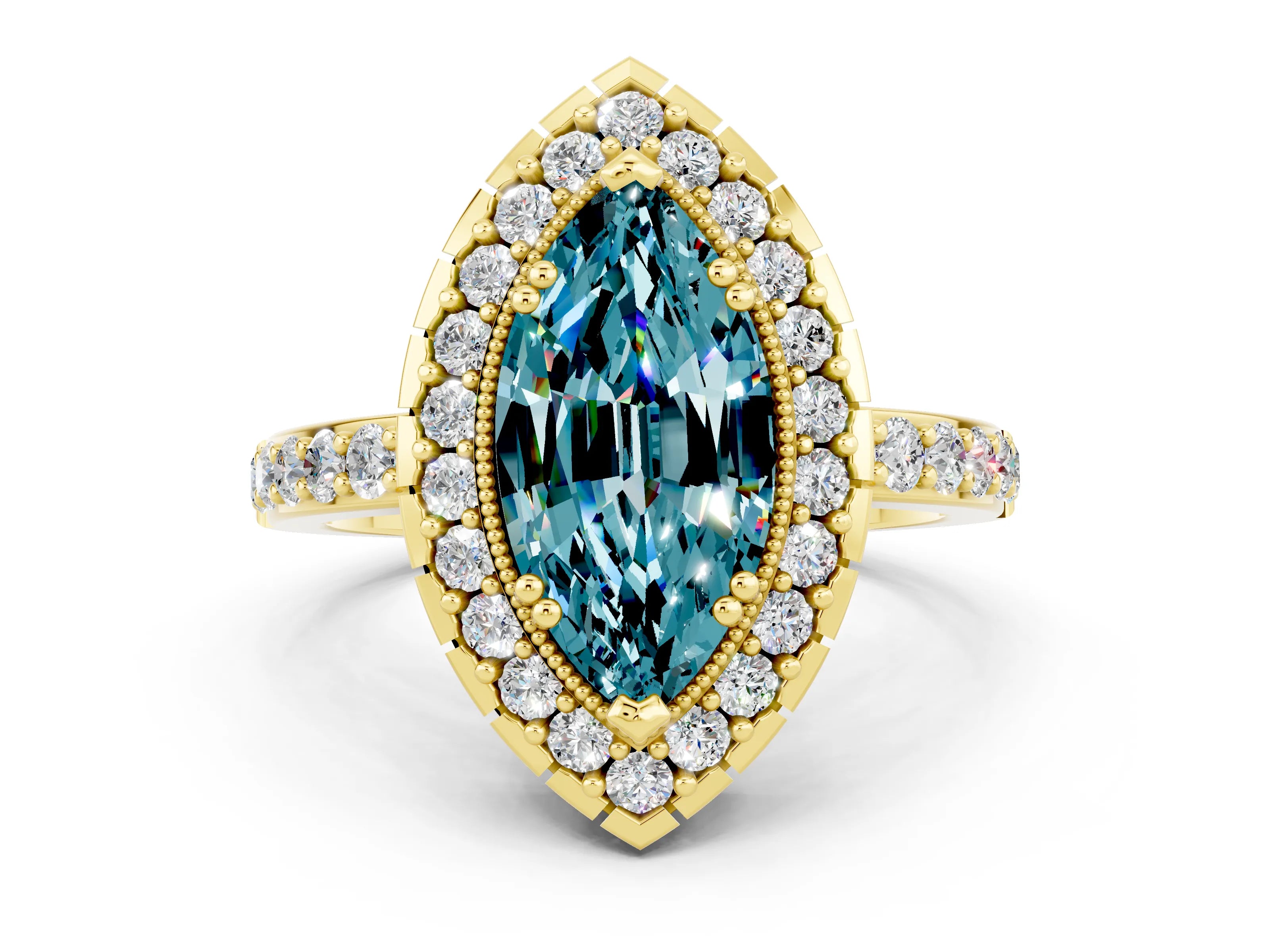 Yellow gold Marquise Cut Blue Topaz Halo Ring with Pavé Band and Prong Setting