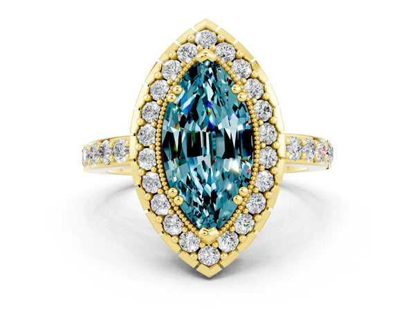 Yellow gold Marquise Cut Blue Topaz Halo Ring with Pavé Band and Prong Setting