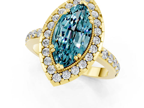 Yellow gold Marquise Cut Blue Topaz Halo Ring with Pavé Band and Prong Setting_1