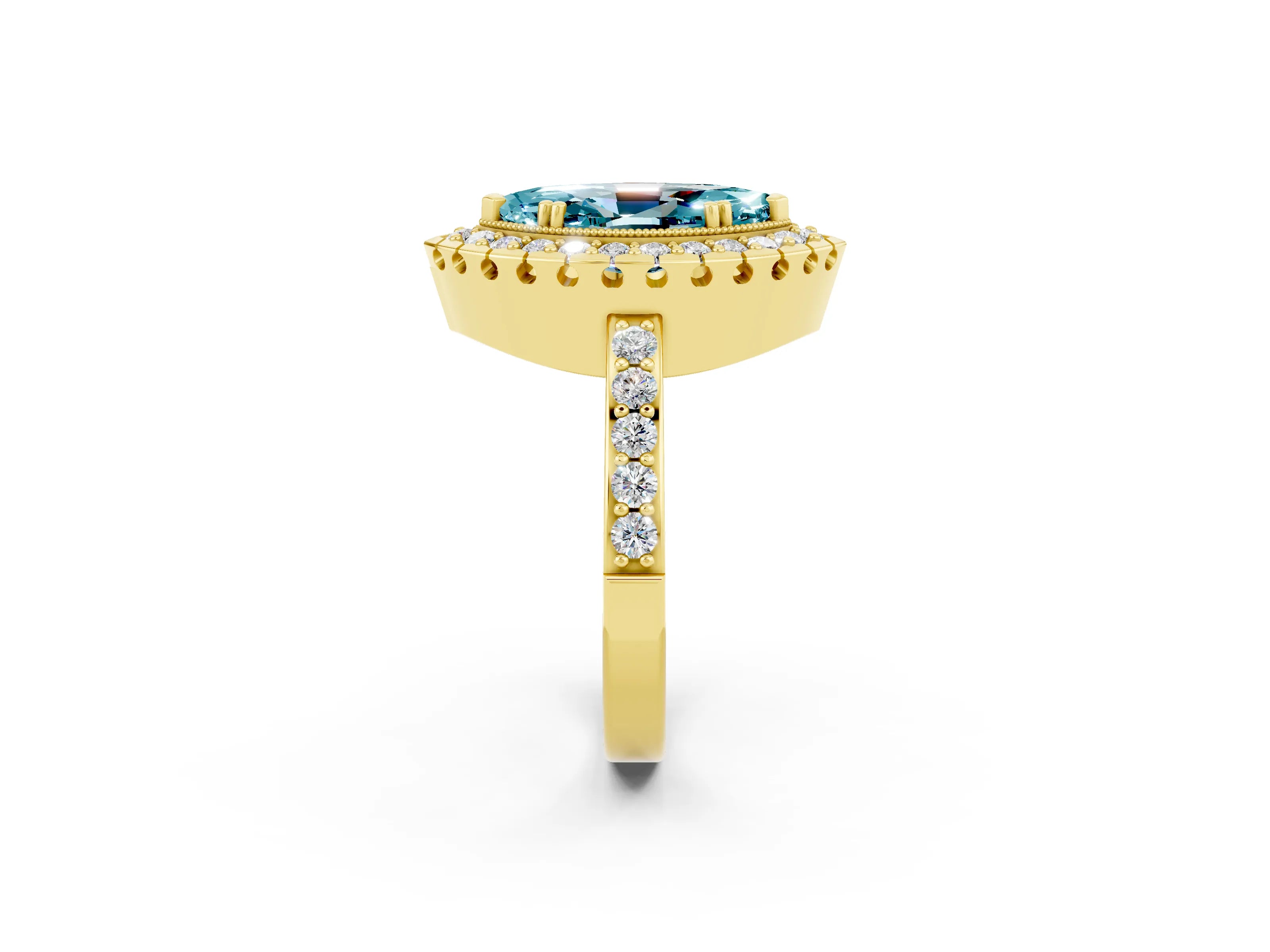 Yellow gold Marquise Cut Blue Topaz Halo Ring with Pavé Band and Prong Setting_2