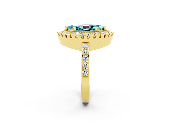 Yellow gold Marquise Cut Blue Topaz Halo Ring with Pavé Band and Prong Setting
