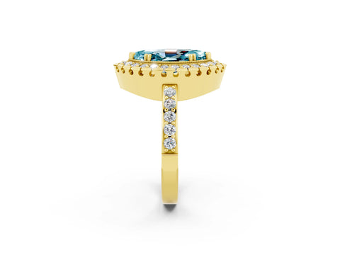 Yellow gold Marquise Cut Blue Topaz Halo Ring with Pavé Band and Prong Setting_2