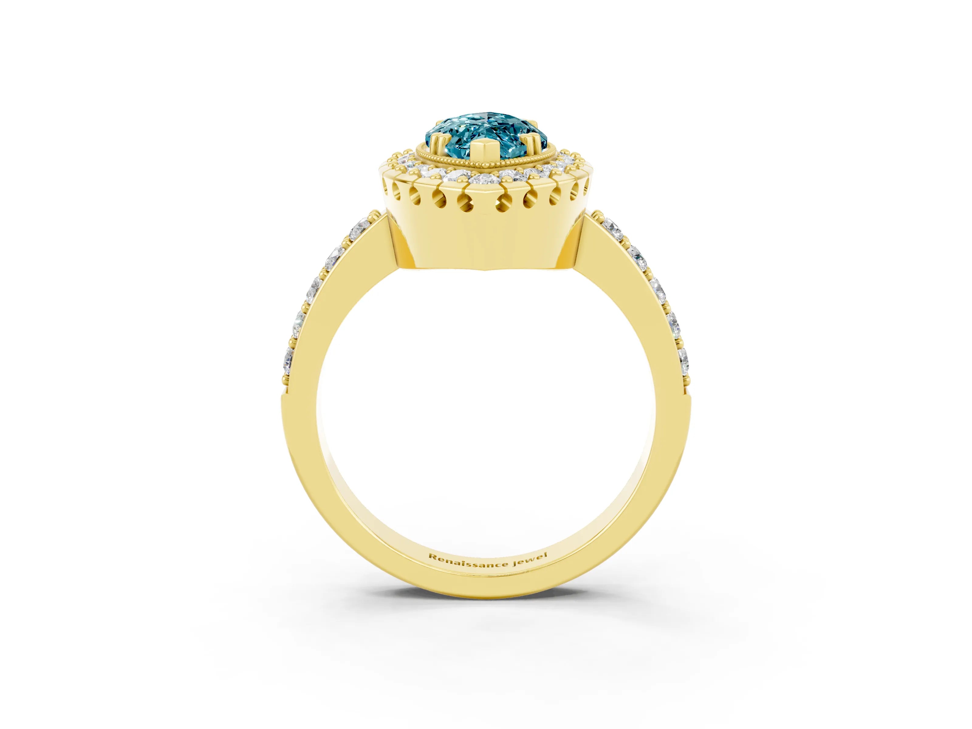 Yellow gold Marquise Cut Blue Topaz Halo Ring with Pavé Band and Prong Setting_3