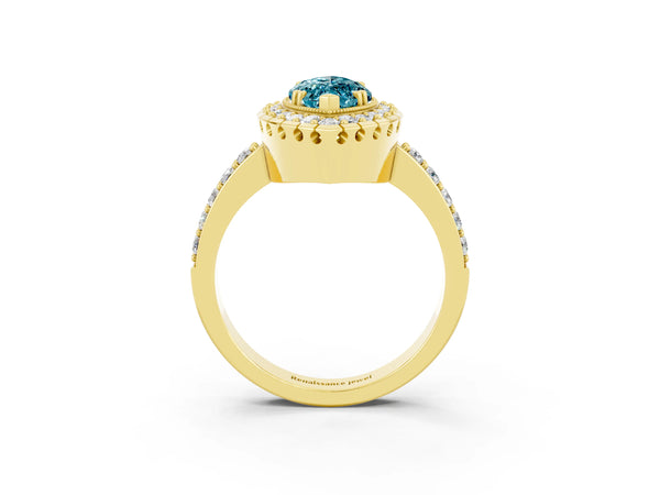 Yellow gold Marquise Cut Blue Topaz Halo Ring with Pavé Band and Prong Setting