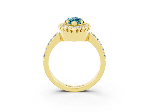 Yellow gold Marquise Cut Blue Topaz Halo Ring with Pavé Band and Prong Setting_3
