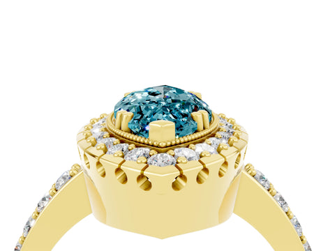 Yellow gold Marquise Cut Blue Topaz Halo Ring with Pavé Band and Prong Setting_4