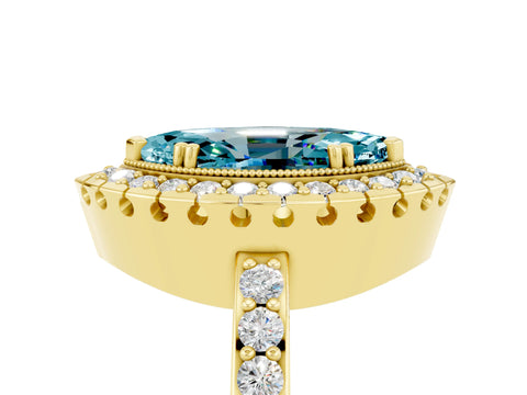 Yellow gold Marquise Cut Blue Topaz Halo Ring with Pavé Band and Prong Setting_5