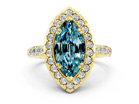 Yellow gold Marquise Cut Blue Topaz Halo Ring with Pavé Band and Prong Setting