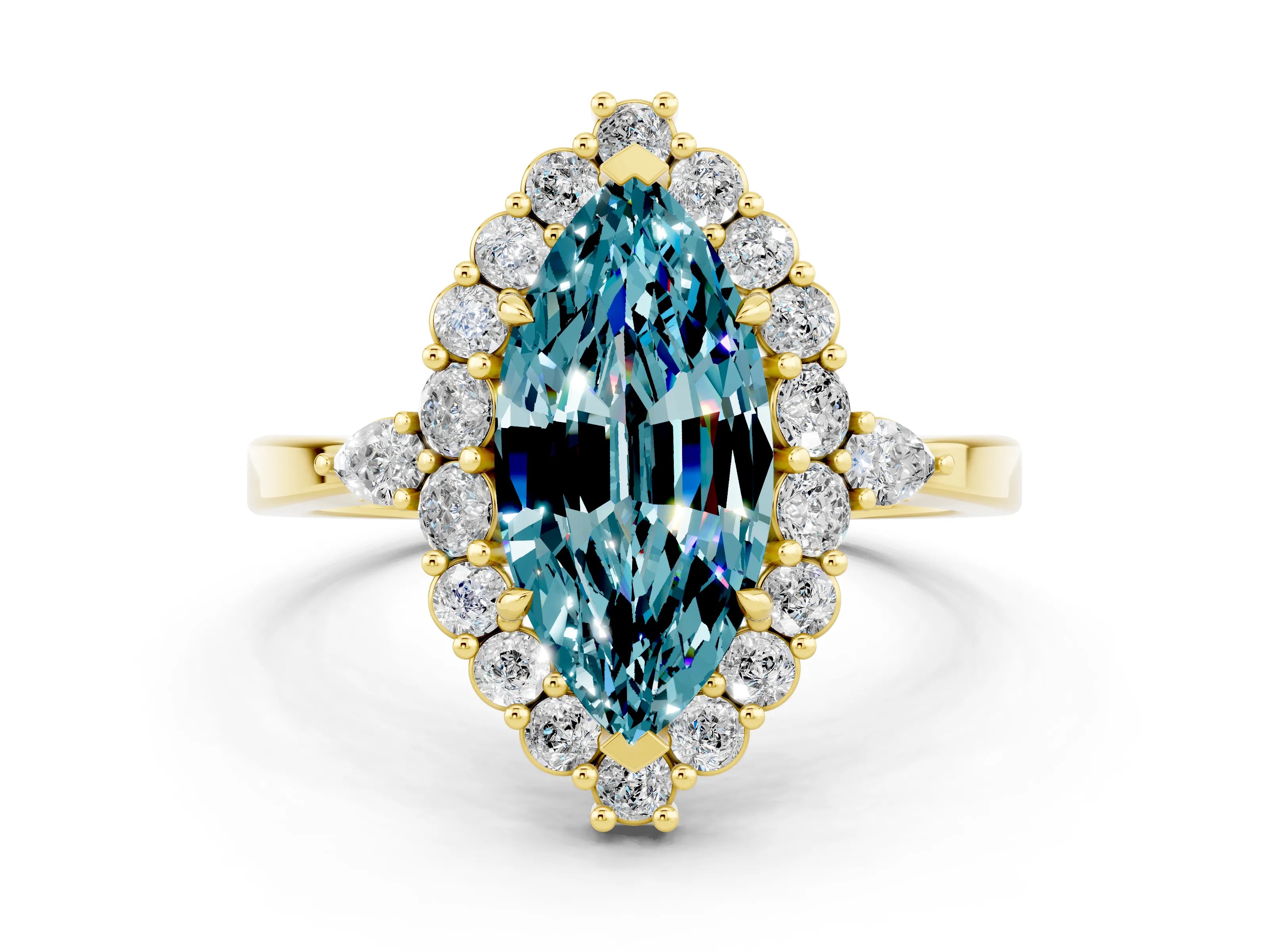 Yellow gold Marquise Cut Blue Topaz Halo Ring with Pear Side Stones and Prong Setting_12