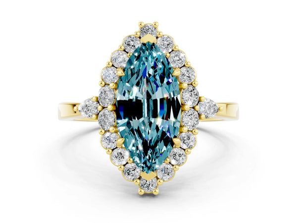 Yellow gold Marquise Cut Blue Topaz Halo Ring with Pear Side Stones and Prong Setting