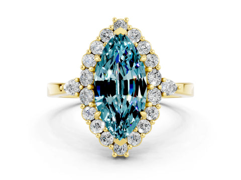 Yellow gold Marquise Cut Blue Topaz Halo Ring with Pear Side Stones and Prong Setting_12