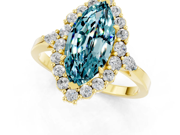 Yellow gold Marquise Cut Blue Topaz Halo Ring with Pear Side Stones and Prong Setting