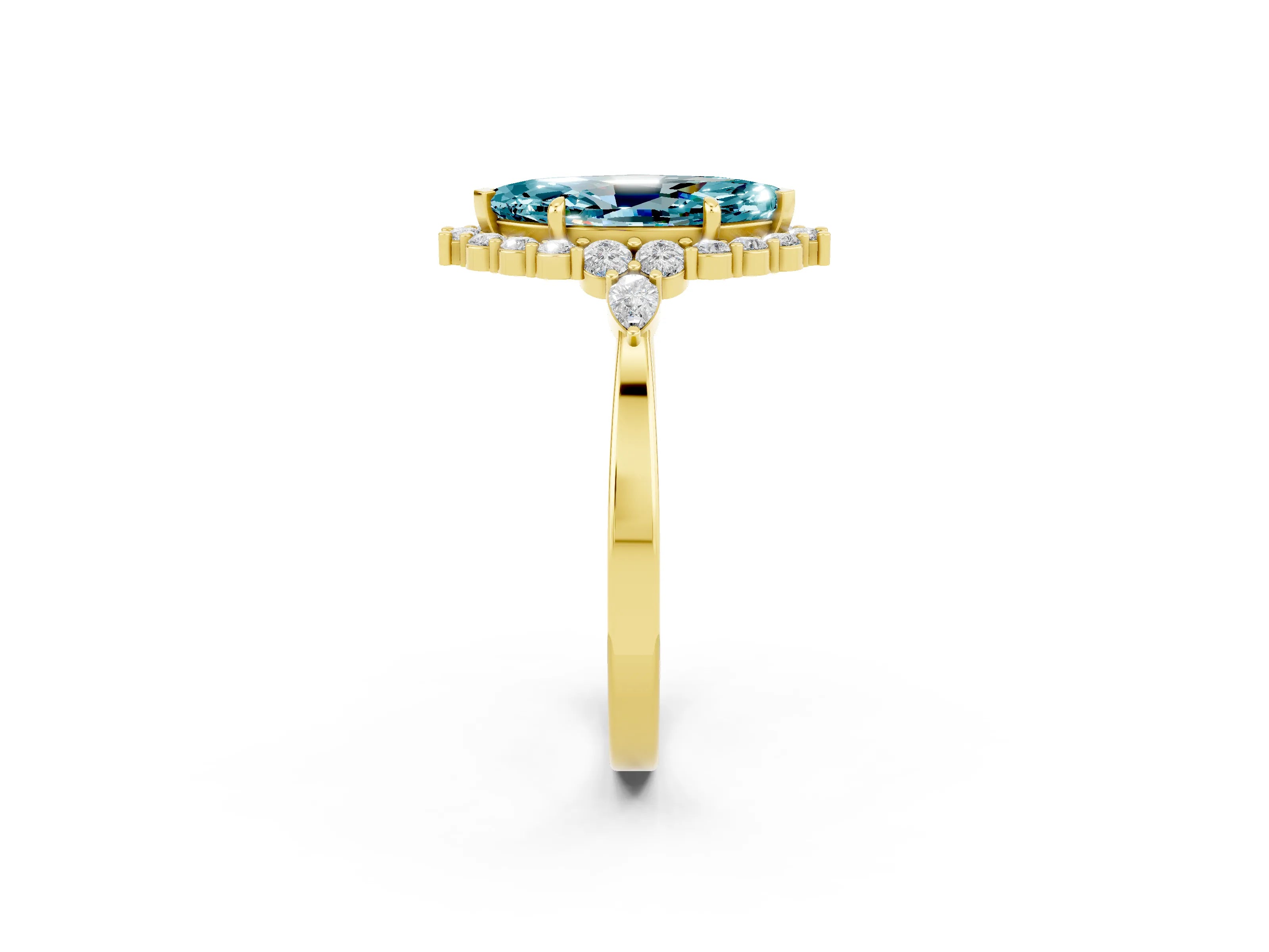 Yellow gold Marquise Cut Blue Topaz Halo Ring with Pear Side Stones and Prong Setting_14