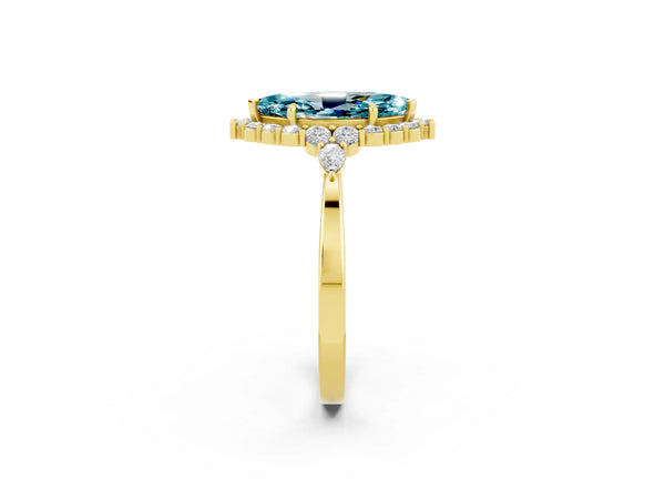 Yellow gold Marquise Cut Blue Topaz Halo Ring with Pear Side Stones and Prong Setting
