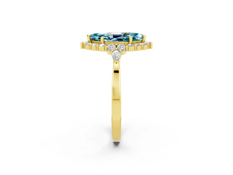 Yellow gold Marquise Cut Blue Topaz Halo Ring with Pear Side Stones and Prong Setting_14