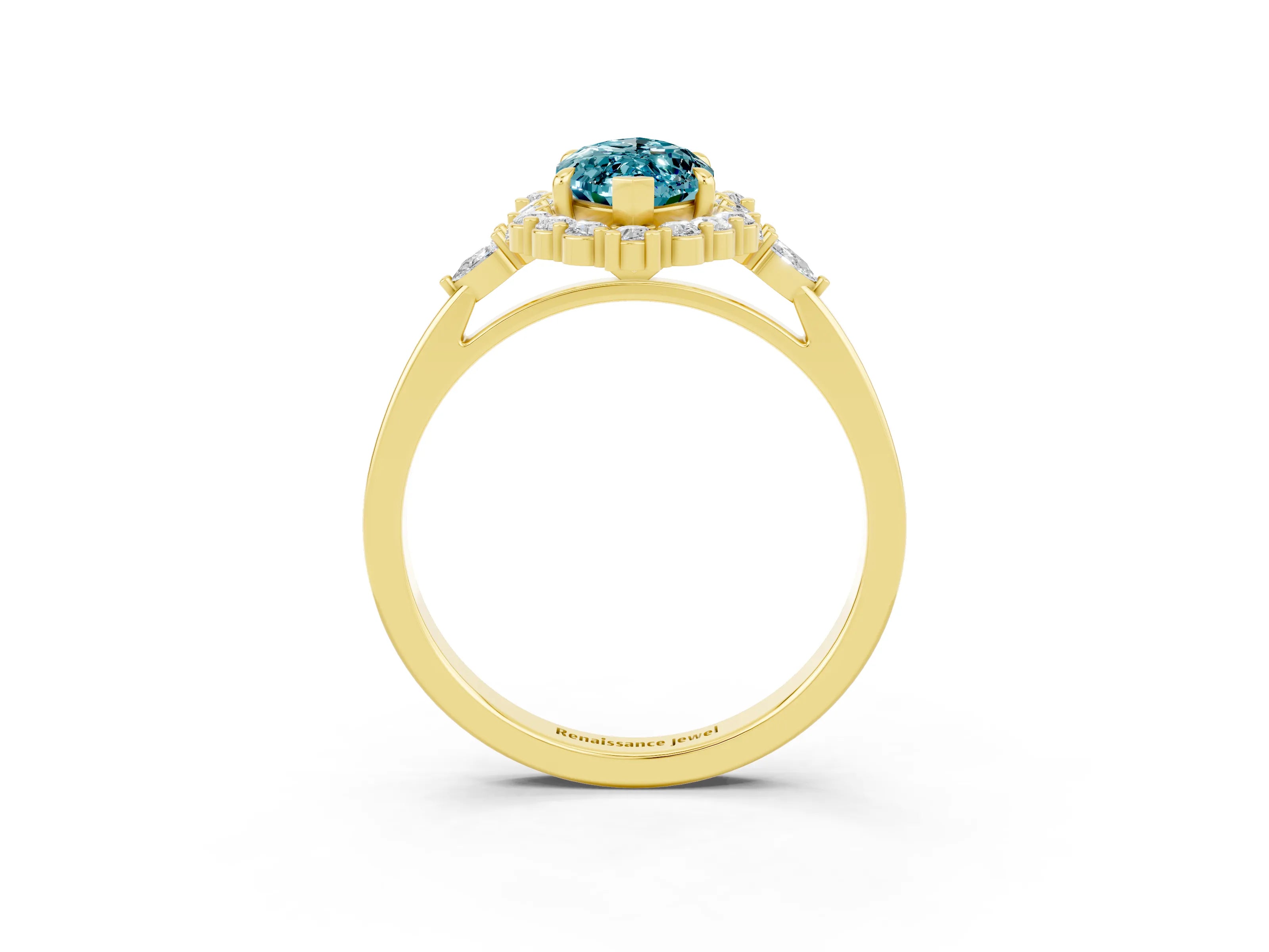 Yellow gold Marquise Cut Blue Topaz Halo Ring with Pear Side Stones and Prong Setting_15