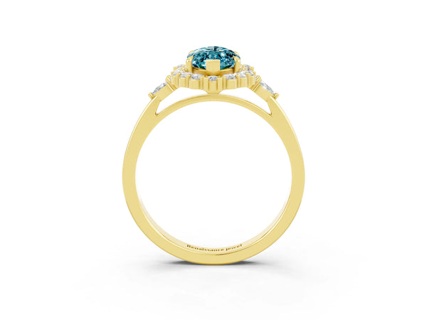Yellow gold Marquise Cut Blue Topaz Halo Ring with Pear Side Stones and Prong Setting