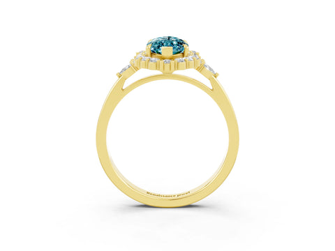 Yellow gold Marquise Cut Blue Topaz Halo Ring with Pear Side Stones and Prong Setting_15
