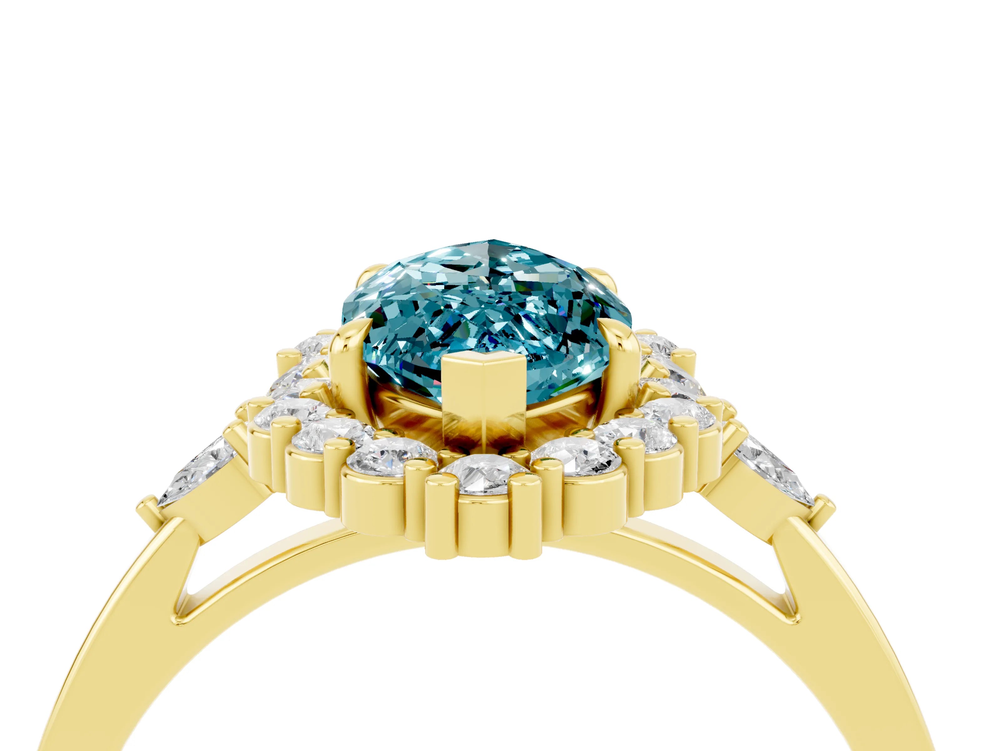 Yellow gold Marquise Cut Blue Topaz Halo Ring with Pear Side Stones and Prong Setting_16