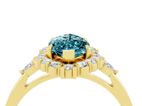Yellow gold Marquise Cut Blue Topaz Halo Ring with Pear Side Stones and Prong Setting_16