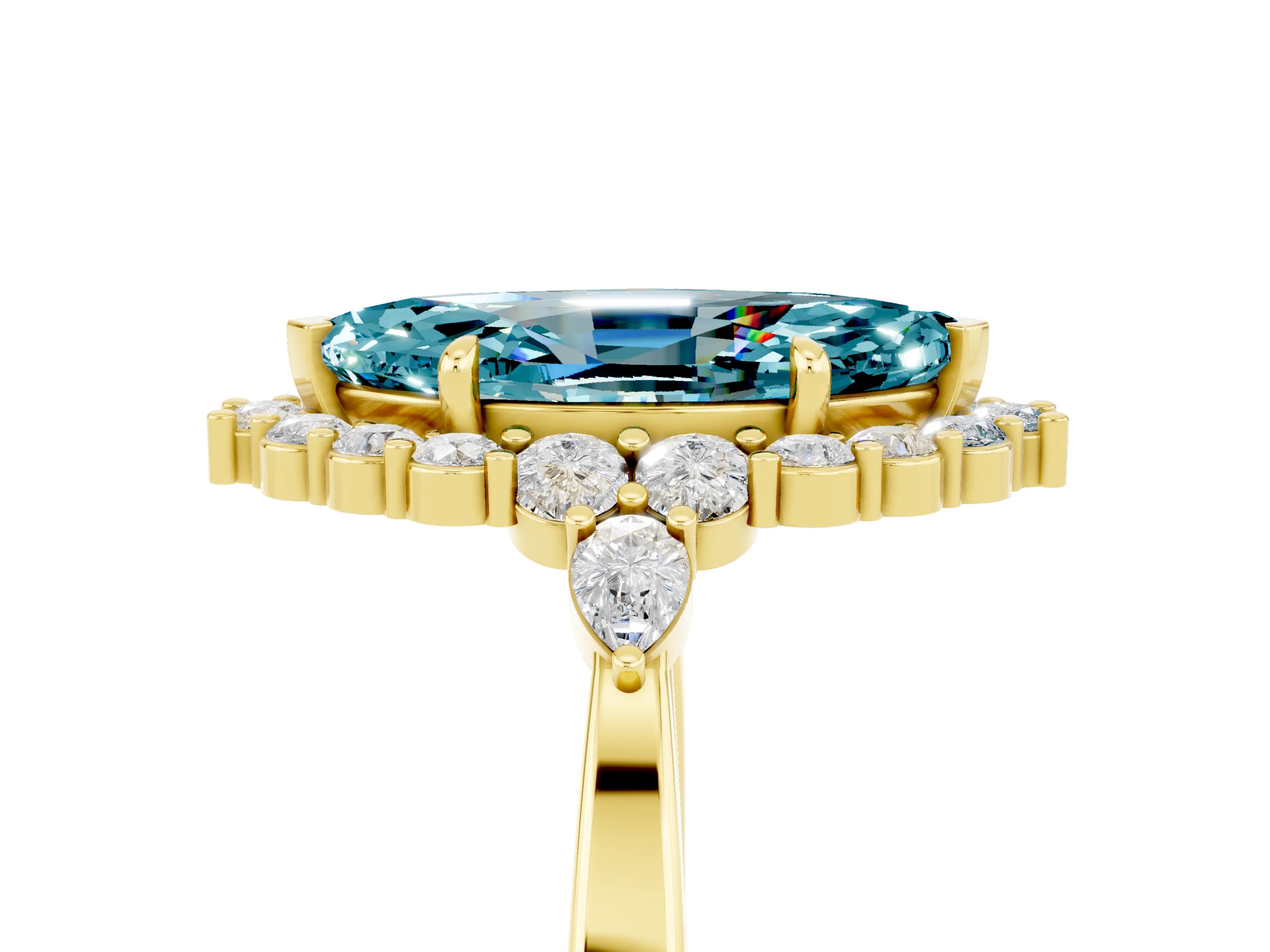 Yellow gold Marquise Cut Blue Topaz Halo Ring with Pear Side Stones and Prong Setting_17