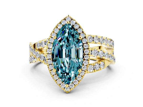 Yellow gold Marquise Cut Blue Topaz Halo Ring with Round Split Shank and Prong Setting