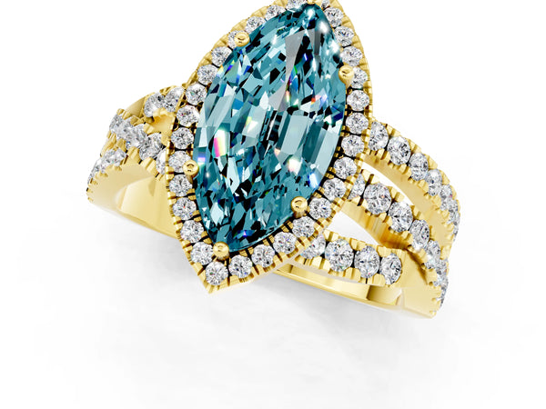 Yellow gold Marquise Cut Blue Topaz Halo Ring with Round Split Shank and Prong Setting