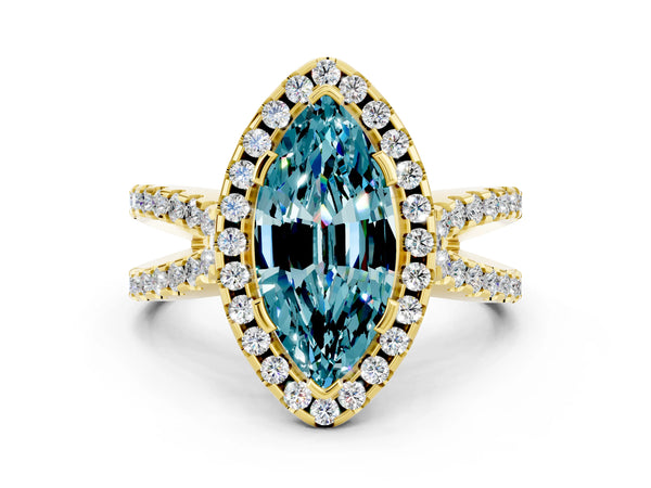 Yellow gold Marquise Cut Blue Topaz Halo Ring with Split Shank Pavé Band and Prong Setting