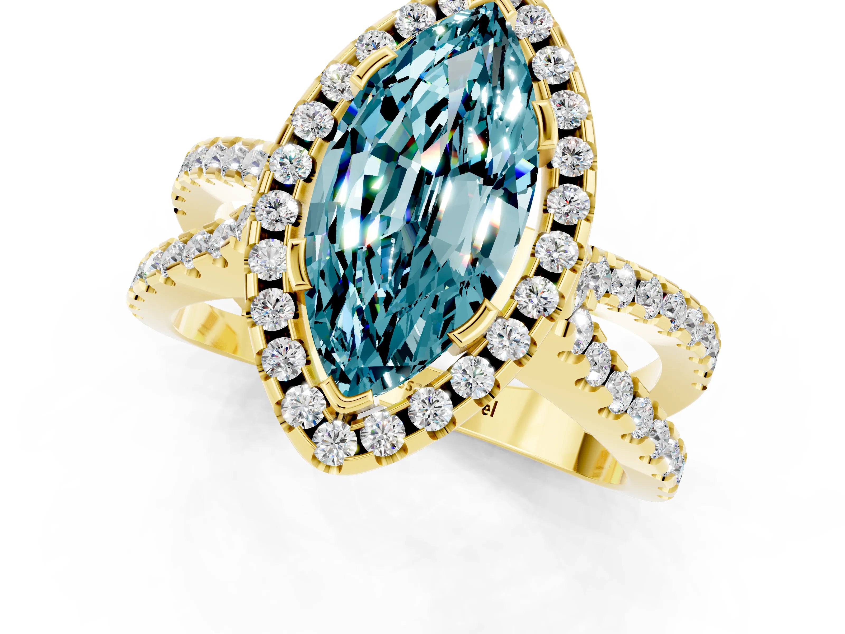 Yellow gold Marquise Cut Blue Topaz Halo Ring with Split Shank Pavé Band and Prong Setting_1