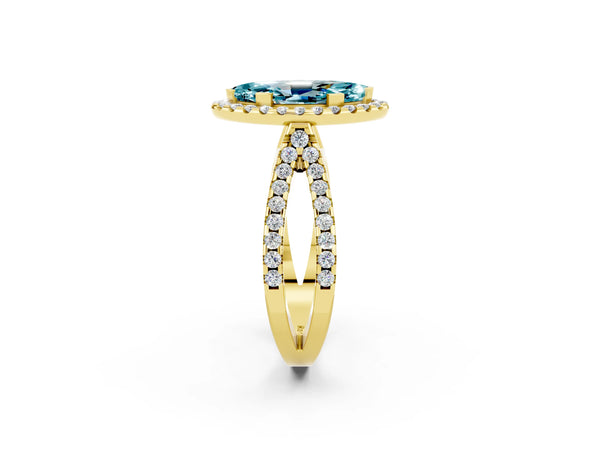 Yellow gold Marquise Cut Blue Topaz Halo Ring with Split Shank Pavé Band and Prong Setting