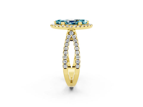 Yellow gold Marquise Cut Blue Topaz Halo Ring with Split Shank Pavé Band and Prong Setting_2