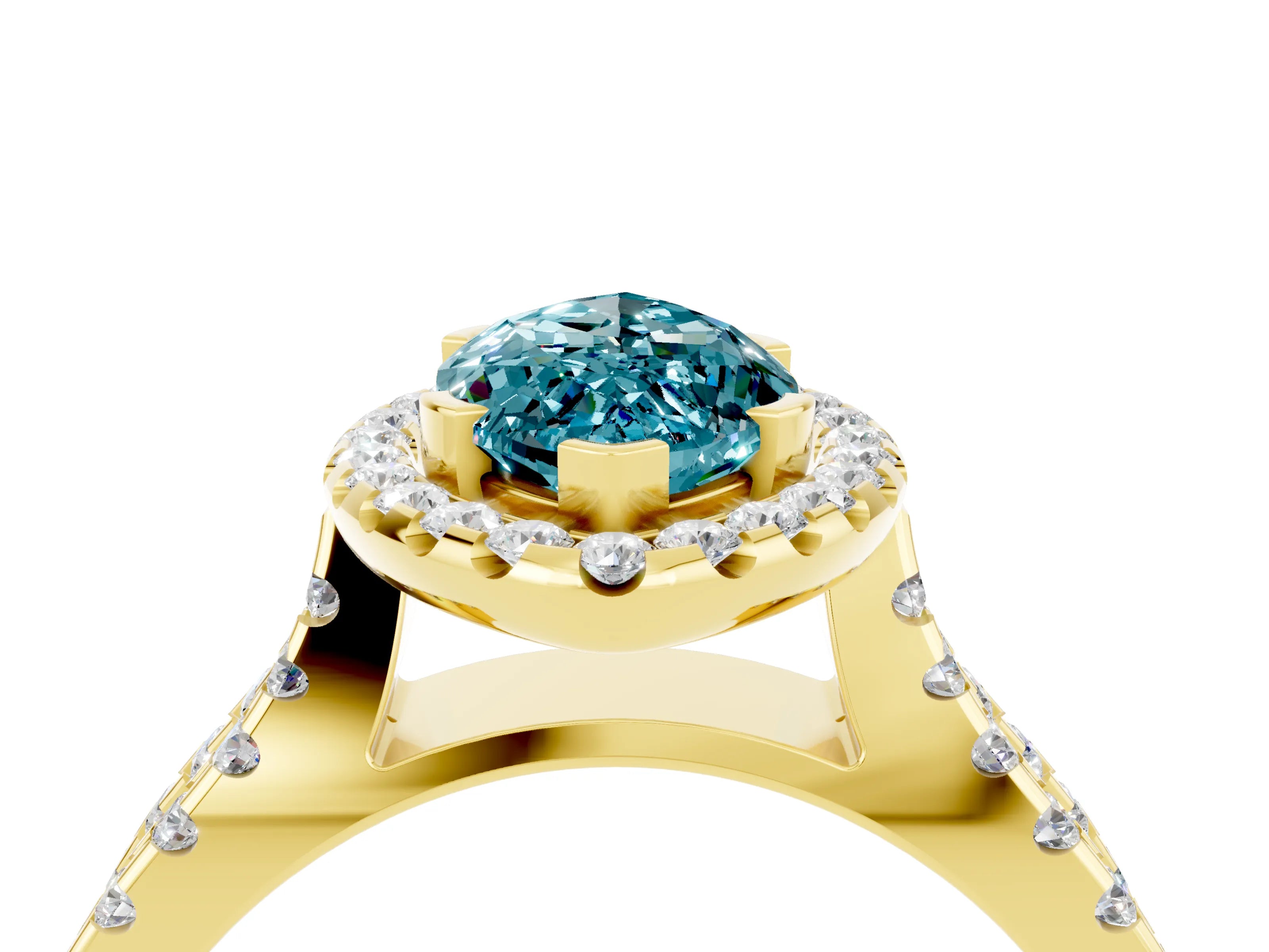 Yellow gold Marquise Cut Blue Topaz Halo Ring with Split Shank Pavé Band and Prong Setting_4