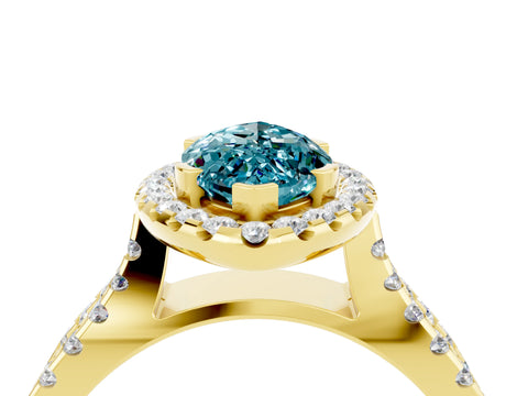 Yellow gold Marquise Cut Blue Topaz Halo Ring with Split Shank Pavé Band and Prong Setting_4