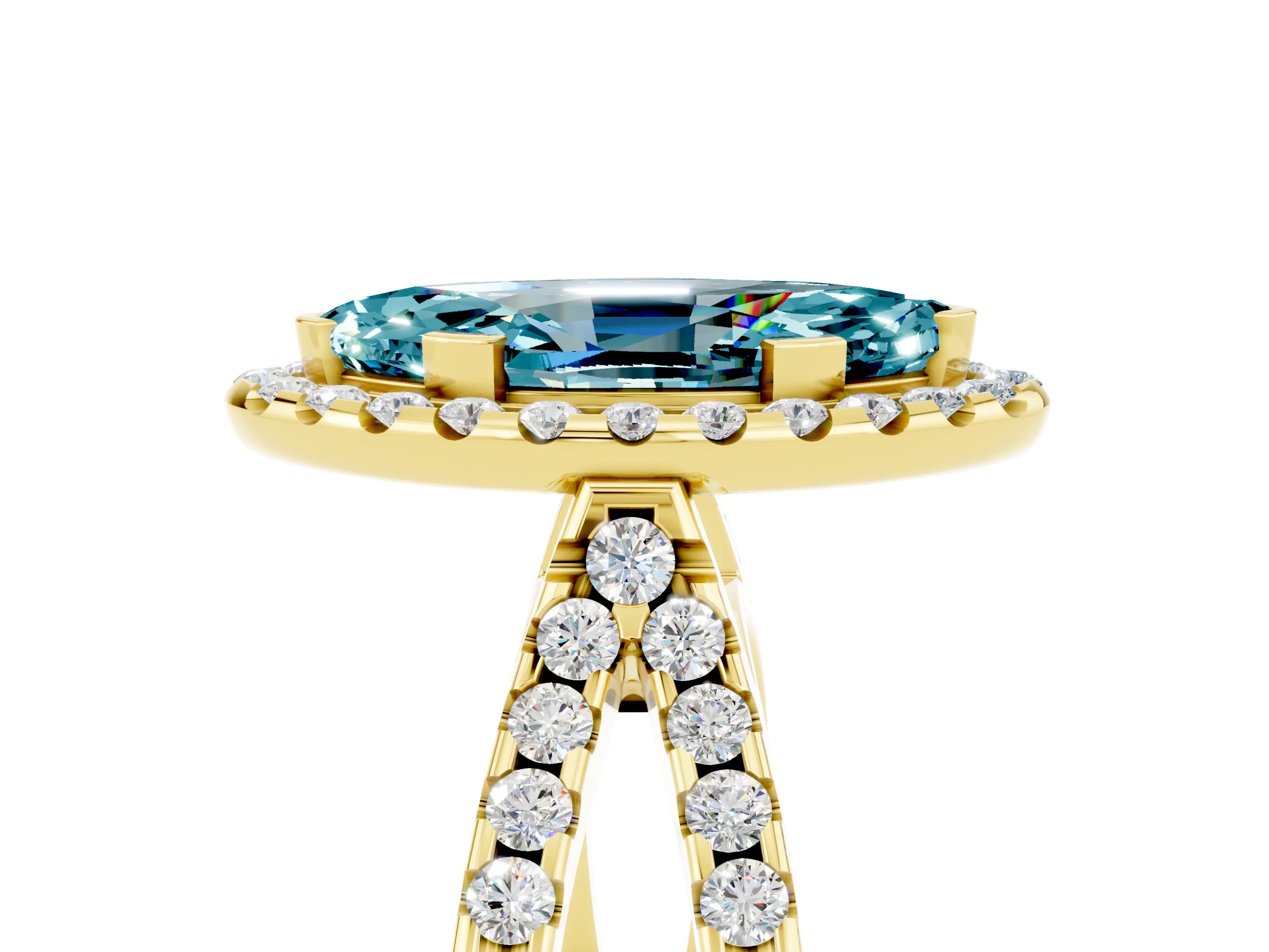Yellow gold Marquise Cut Blue Topaz Halo Ring with Split Shank Pavé Band and Prong Setting_5