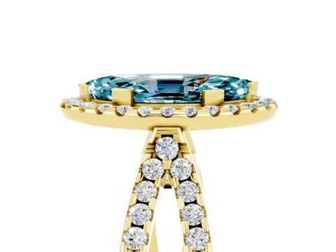 Yellow gold Marquise Cut Blue Topaz Halo Ring with Split Shank Pavé Band and Prong Setting_5