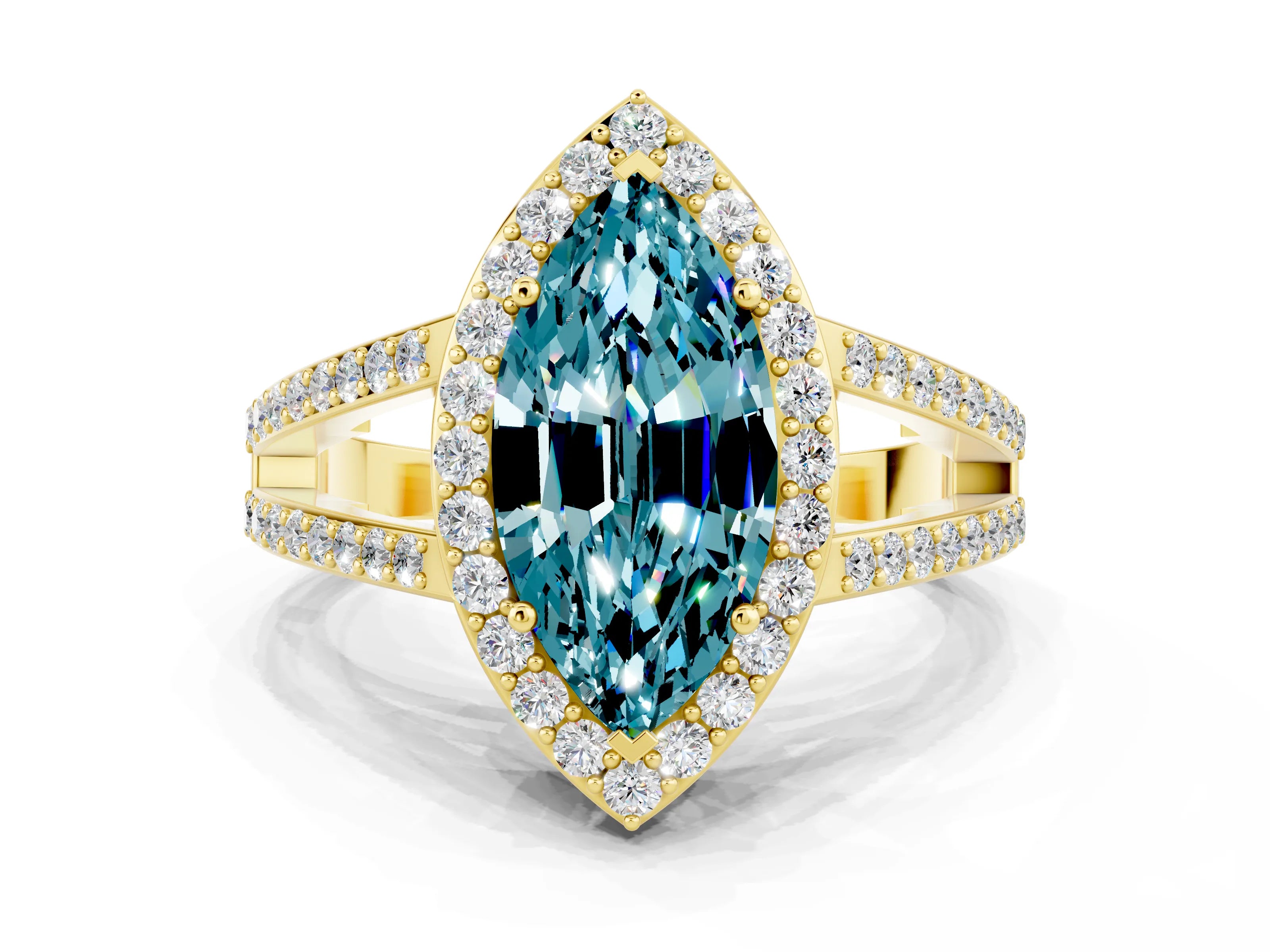 Yellow gold Marquise Cut Blue Topaz Halo Ring with Split Shank U-Prong Band and Four-Prong Setting