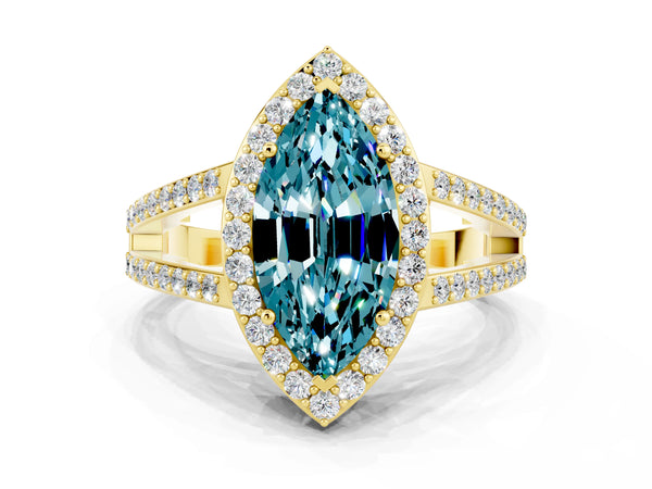 Yellow gold Marquise Cut Blue Topaz Halo Ring with Split Shank U-Prong Band and Four-Prong Setting