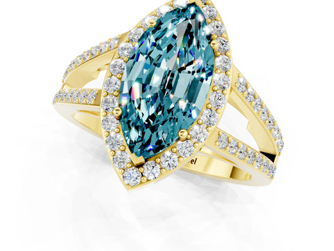 Yellow gold Marquise Cut Blue Topaz Halo Ring with Split Shank U-Prong Band and Four-Prong Setting_1