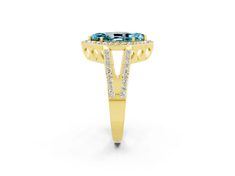 Yellow gold Marquise Cut Blue Topaz Halo Ring with Split Shank U-Prong Band and Four-Prong Setting_2
