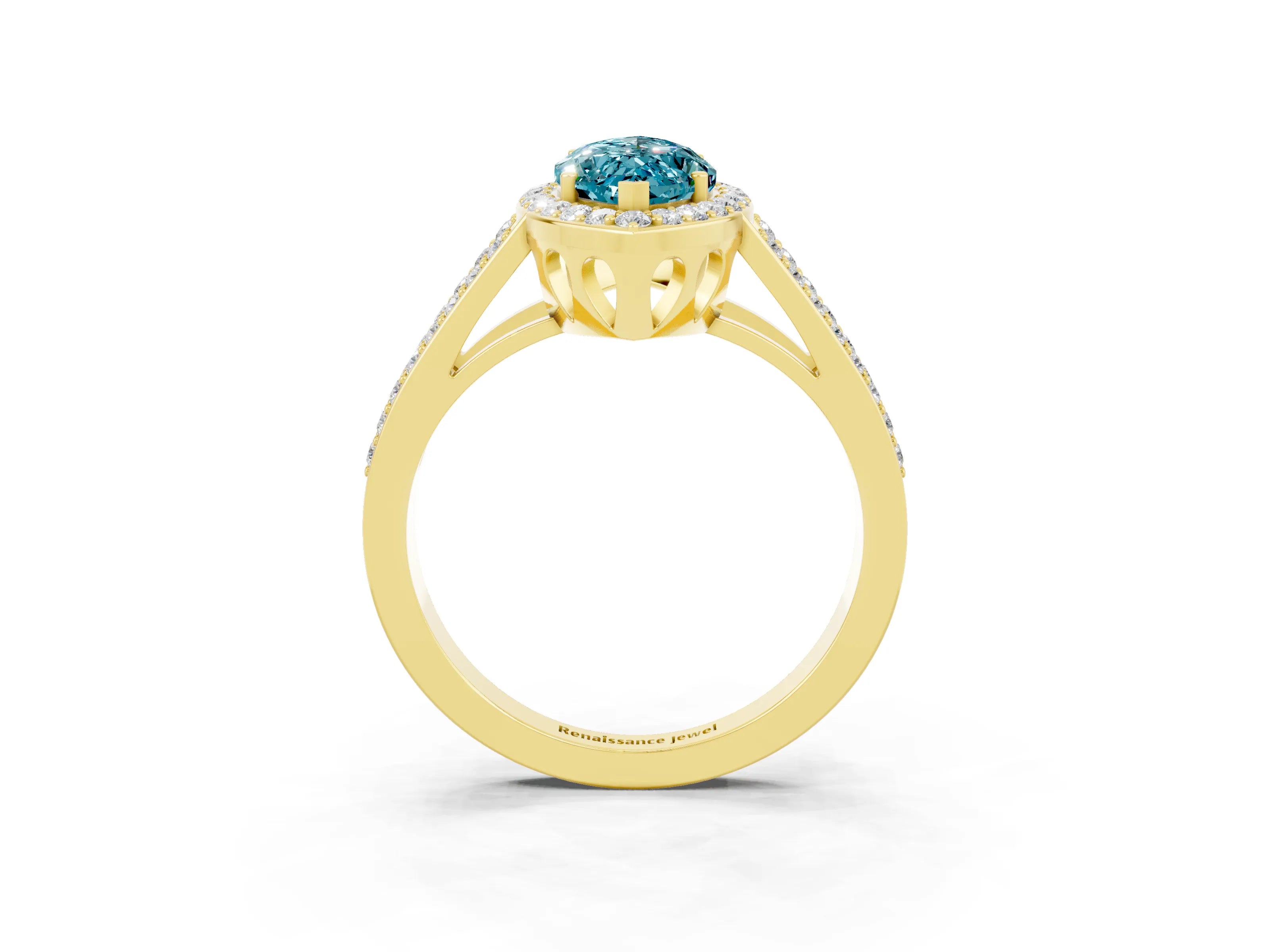 Yellow gold Marquise Cut Blue Topaz Halo Ring with Split Shank U-Prong Band and Four-Prong Setting_3