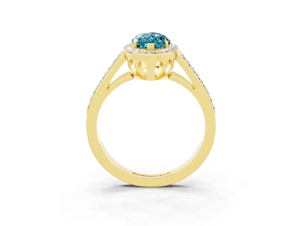 Yellow gold Marquise Cut Blue Topaz Halo Ring with Split Shank U-Prong Band and Four-Prong Setting