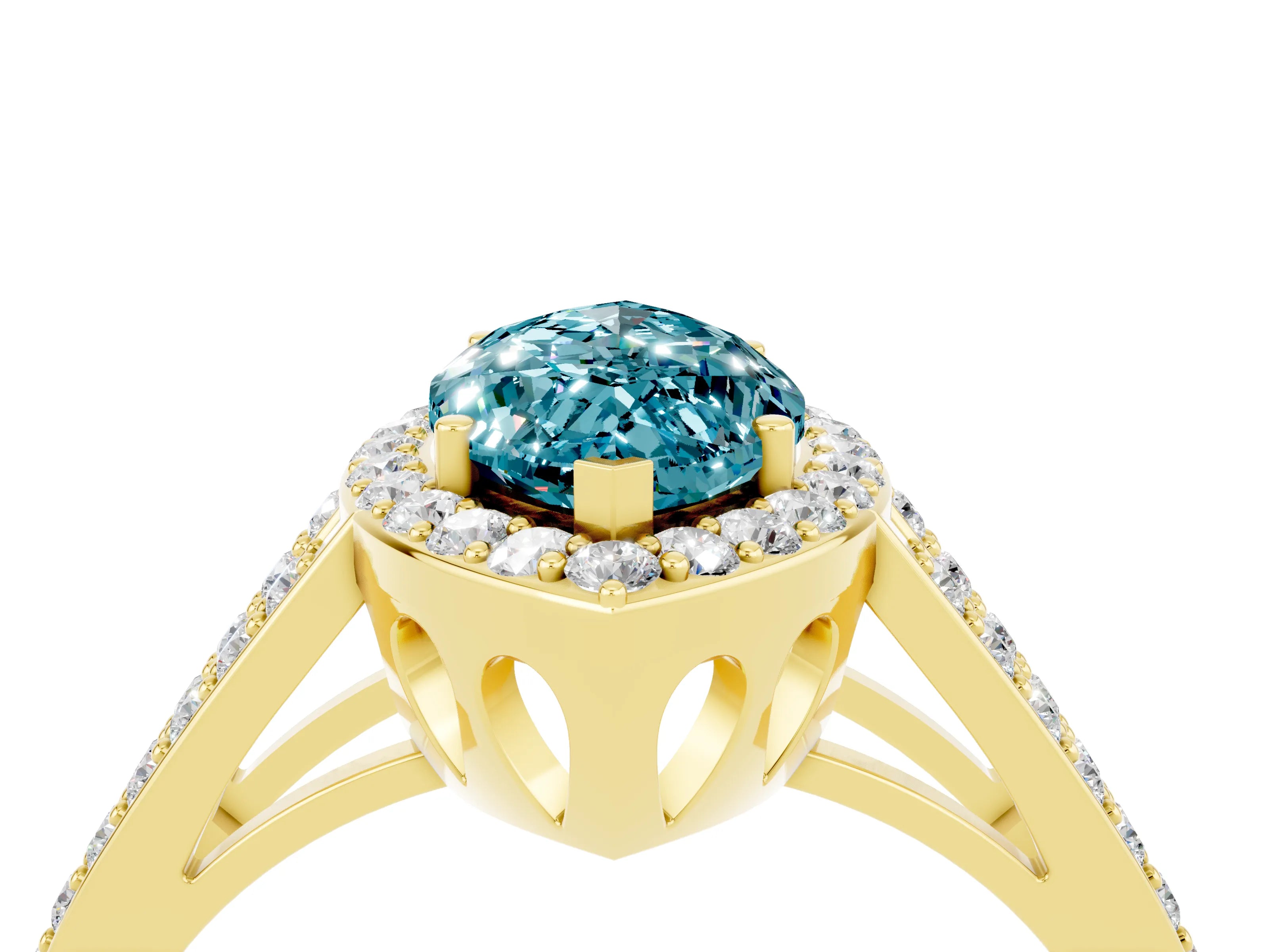 Yellow gold Marquise Cut Blue Topaz Halo Ring with Split Shank U-Prong Band and Four-Prong Setting_4