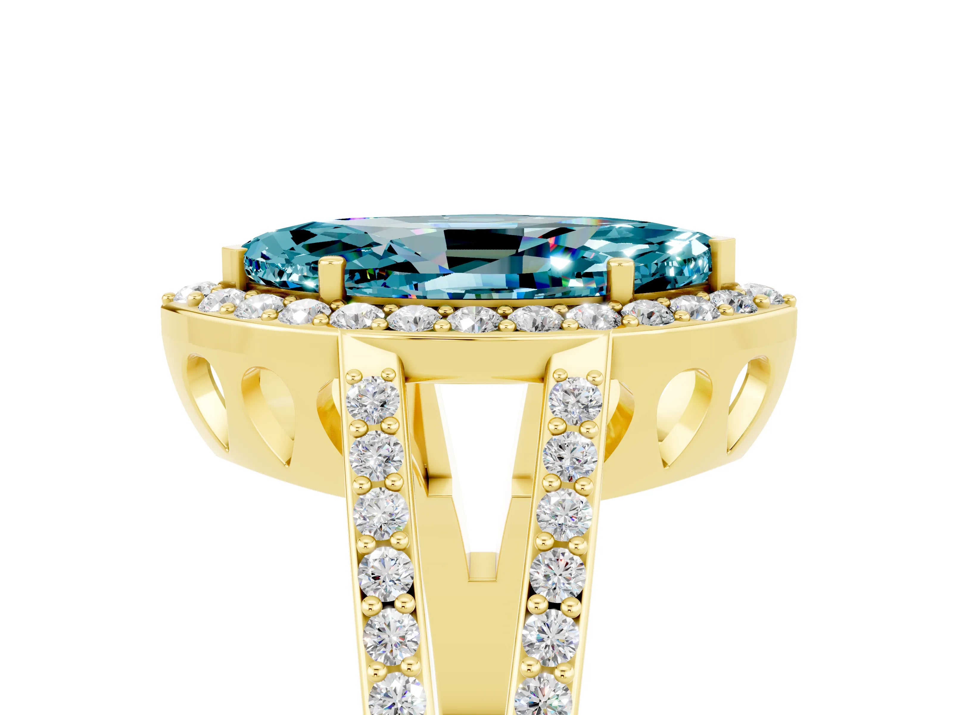 Yellow gold Marquise Cut Blue Topaz Halo Ring with Split Shank U-Prong Band and Four-Prong Setting_5