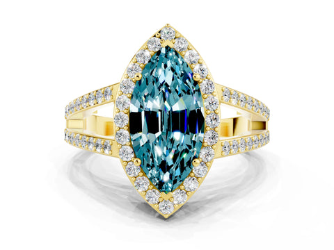 Yellow gold Marquise Cut Blue Topaz Halo Ring with Split Shank U-Prong Band and Four-Prong Setting