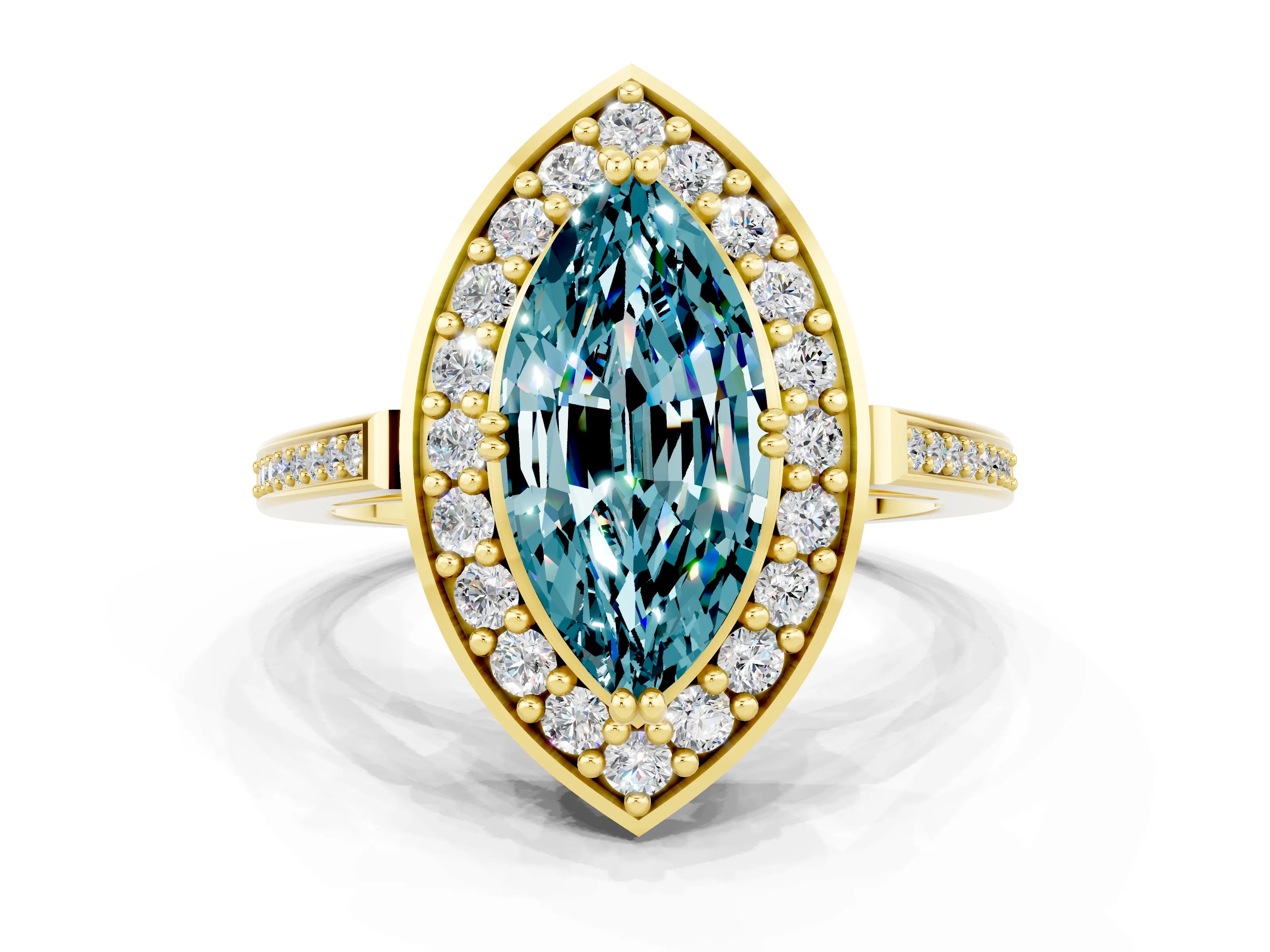 Yellow gold Marquise Cut Blue Topaz Halo Ring with Split Shank and Four-Prong Setting