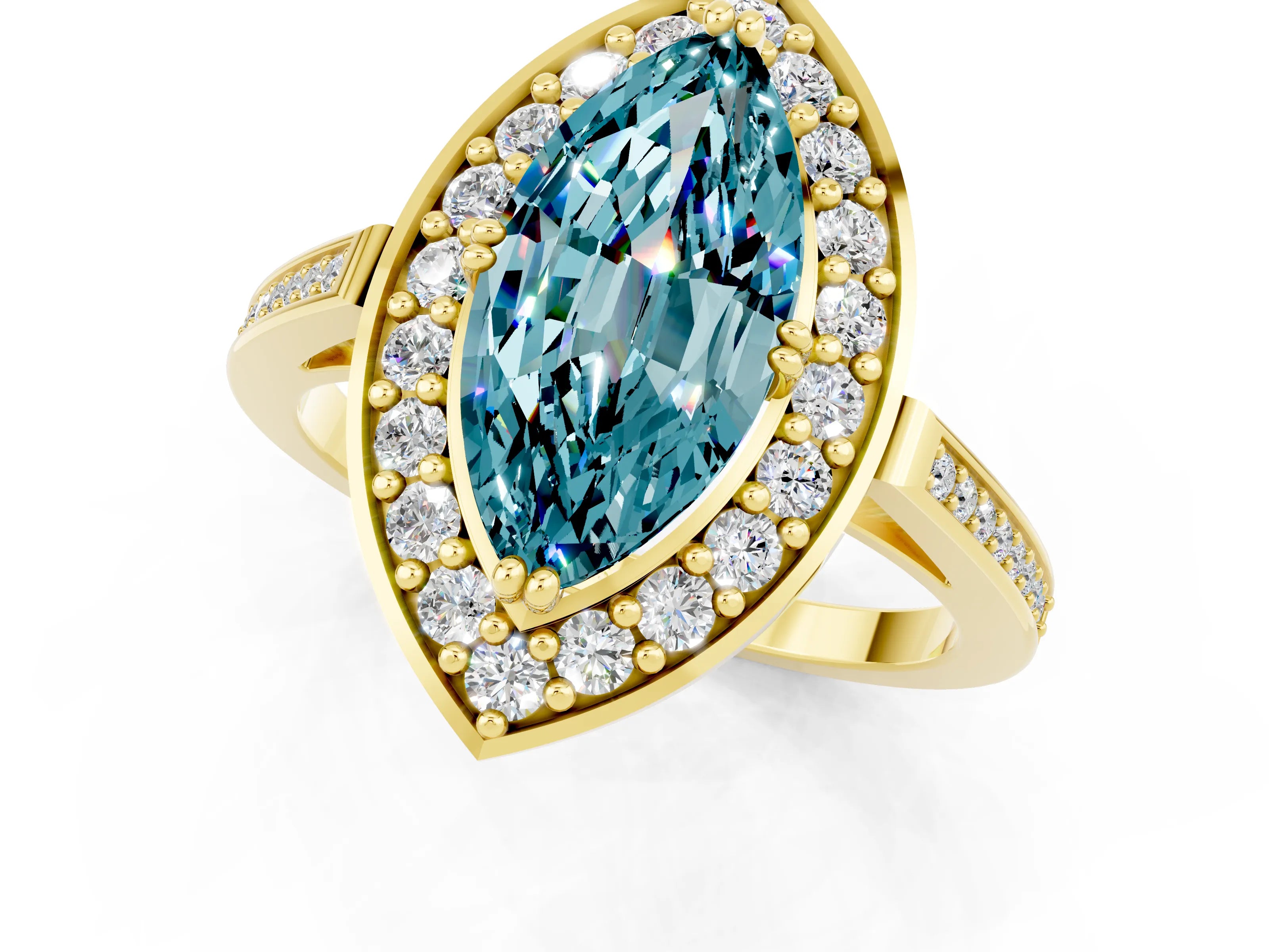 Yellow gold Marquise Cut Blue Topaz Halo Ring with Split Shank and Four-Prong Setting_1