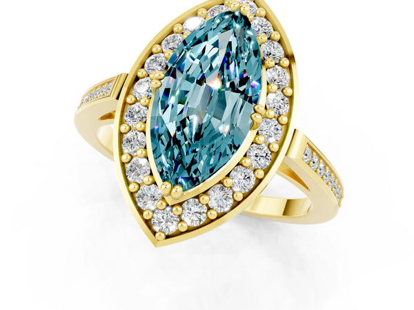 Yellow gold Marquise Cut Blue Topaz Halo Ring with Split Shank and Four-Prong Setting